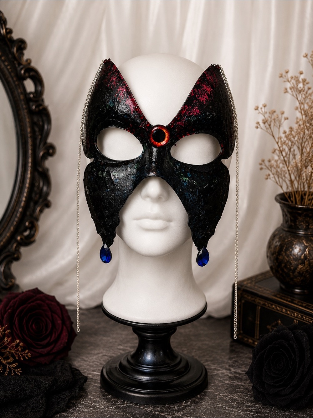 Hand Crafted Black and Red Gothic Masquerade Mask with Blue Gem Drops